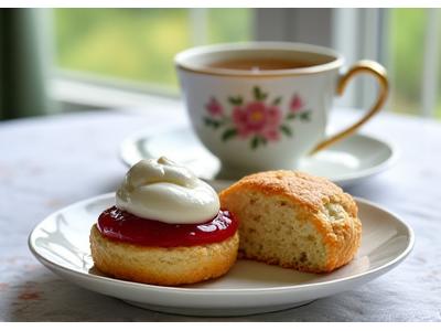 Freshly baked scone with clotted cream and jam, alongside a cup of hot tea