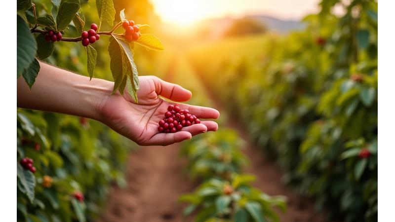 Hand reaching to pick coffee beans on a lush, sustainable coffee farm
