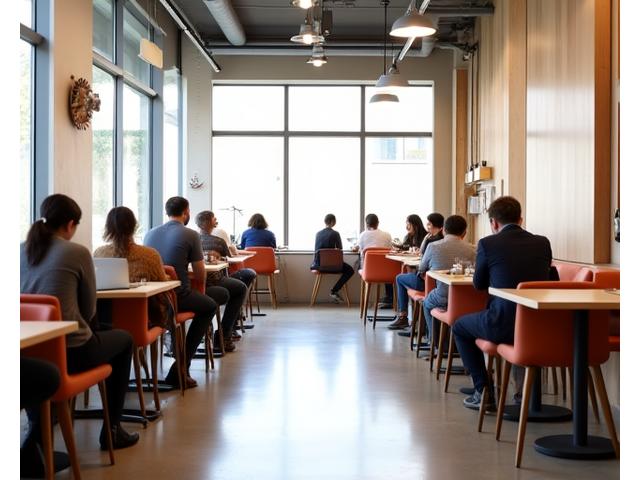 Modern and bright cafe interior with people working and enjoying coffee