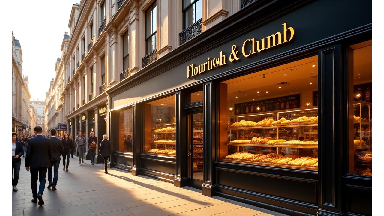 Warm, inviting facade of Flourish & Crumb bakery at Piccadilly Circus, with elegant signage and a hint of bustling London activity.