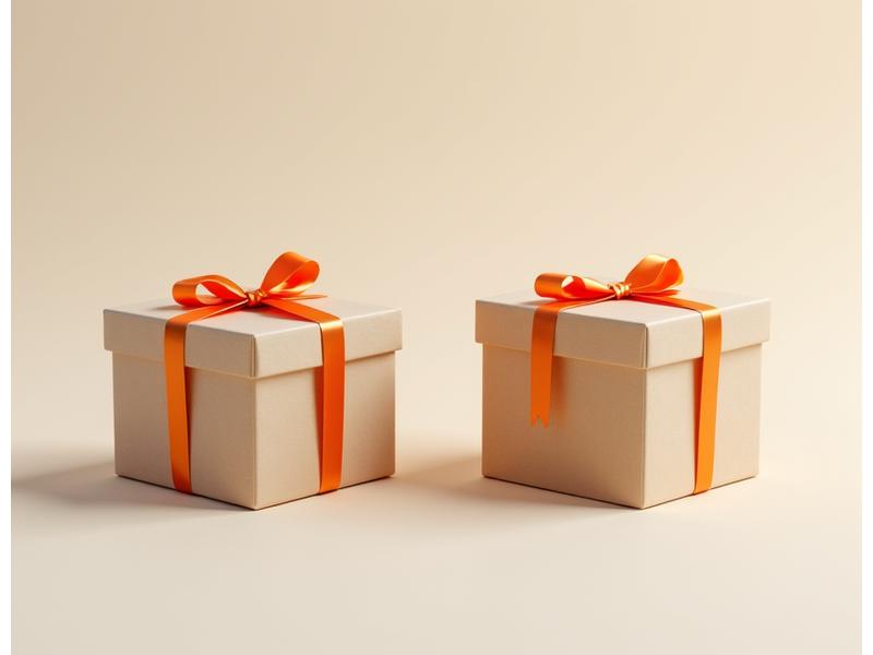 Custom branded corporate gift box featuring a company logo and brand colors displayed next to a plain gift box