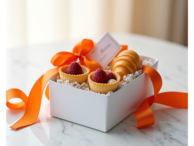 Elegant client appreciation gift box with custom branded ribbon, filled with mini cakes and croissants
