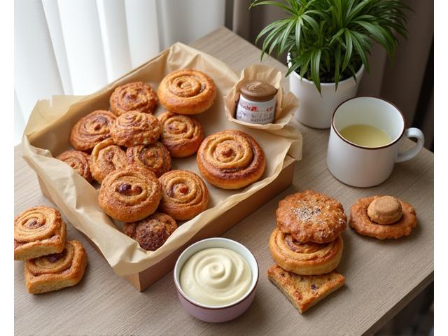 Employee recognition gift package featuring a selection of pastries, tea, and a personalized mug