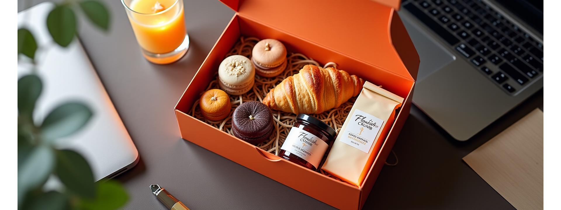 Professionally arranged corporate gift box with Flourish & Crumb branding, featuring artisan pastries and gourmet coffee, on an elegant London desk
