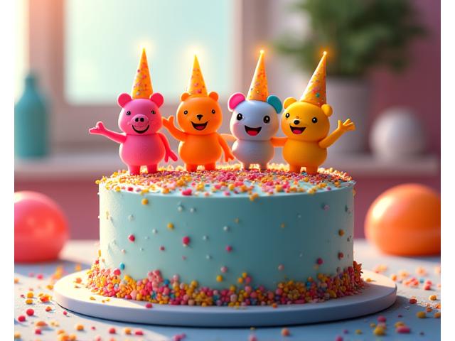 Whimsical children's birthday cake with cartoon characters