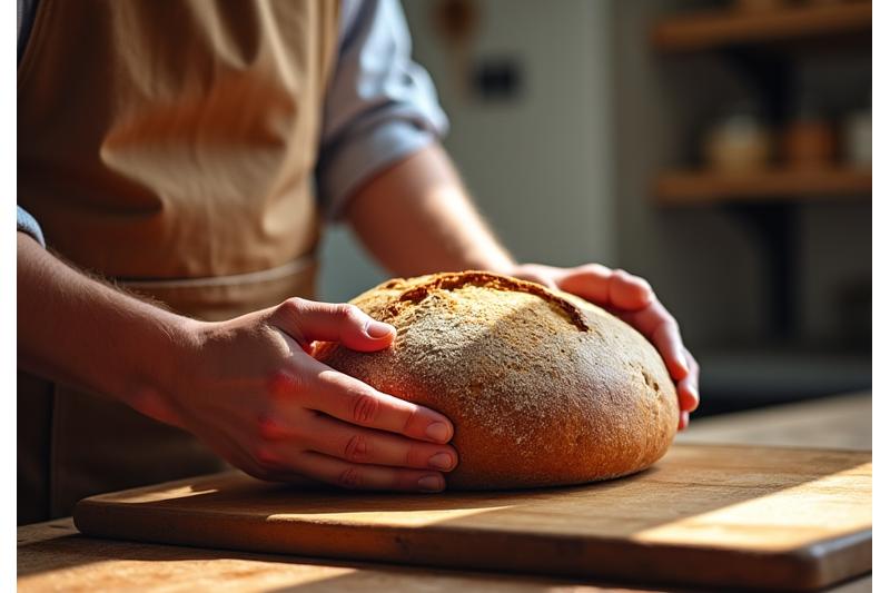 Master baker inspecting a freshly baked sourdough loaf