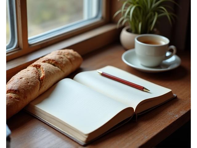 A person writing in a notebook next to a fresh loaf of bread
