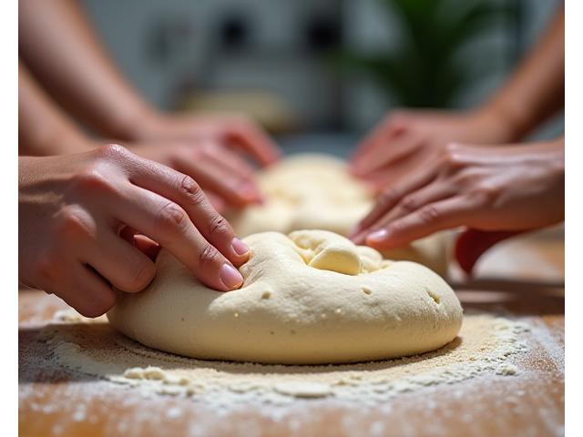 Hands shaping bread dough in a baking class