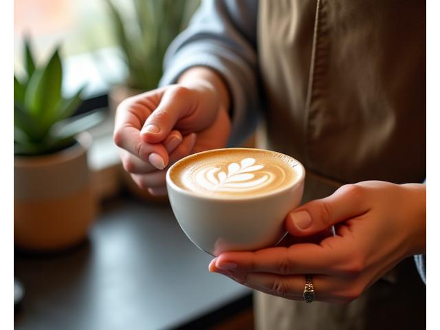 Barista pouring latte art into a coffee cup