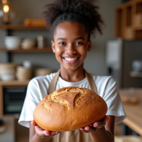 Student proudly holding a freshly baked loaf from a baking class