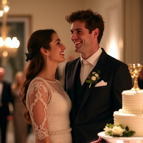 Joyful wedding couple next to their custom cake
