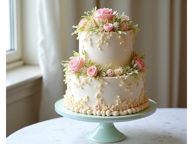 Beautifully decorated multi-tiered celebration cake with intricate floral details, ready for a special event.