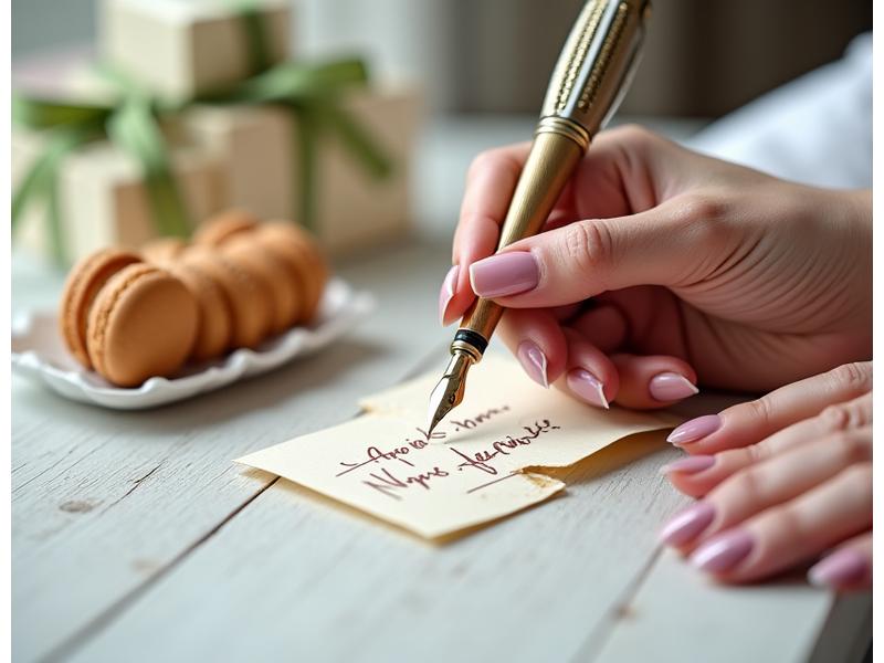 Hand writing a personalized note on a gift tag next to beautifully wrapped bakery items, symbolizing customization.