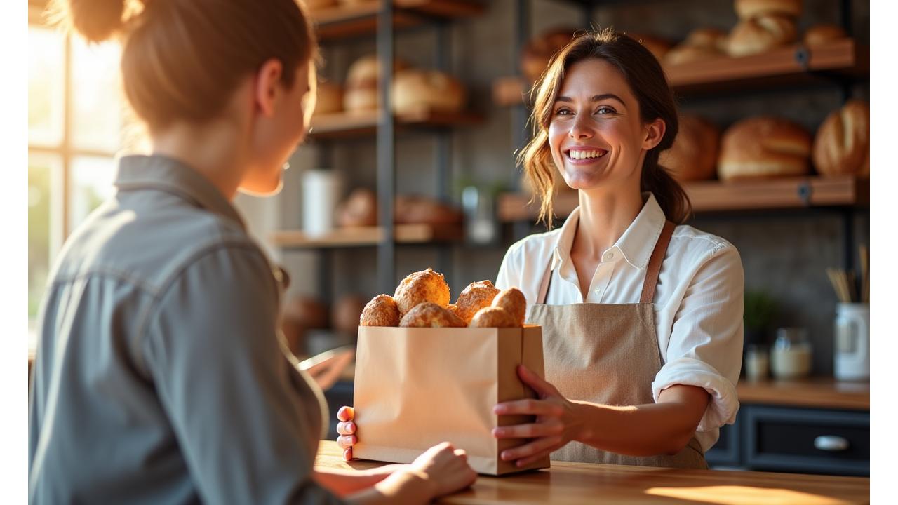 Happy customer smiling while collecting a freshly baked order from Flourish & Crumb bakery counter, showcasing ease of online pickup.