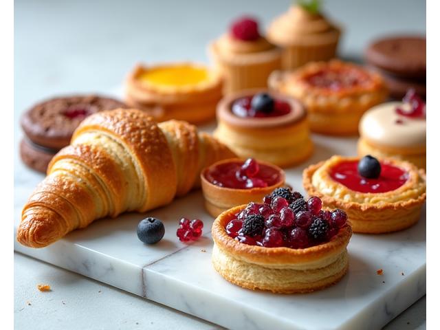 Selection of delicate French patisserie, including croissants, pain au chocolat, and fruit tarts, elegantly displayed.