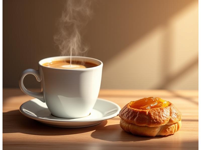 Elegant coffee cup next to a finely crafted pastry on a wooden table