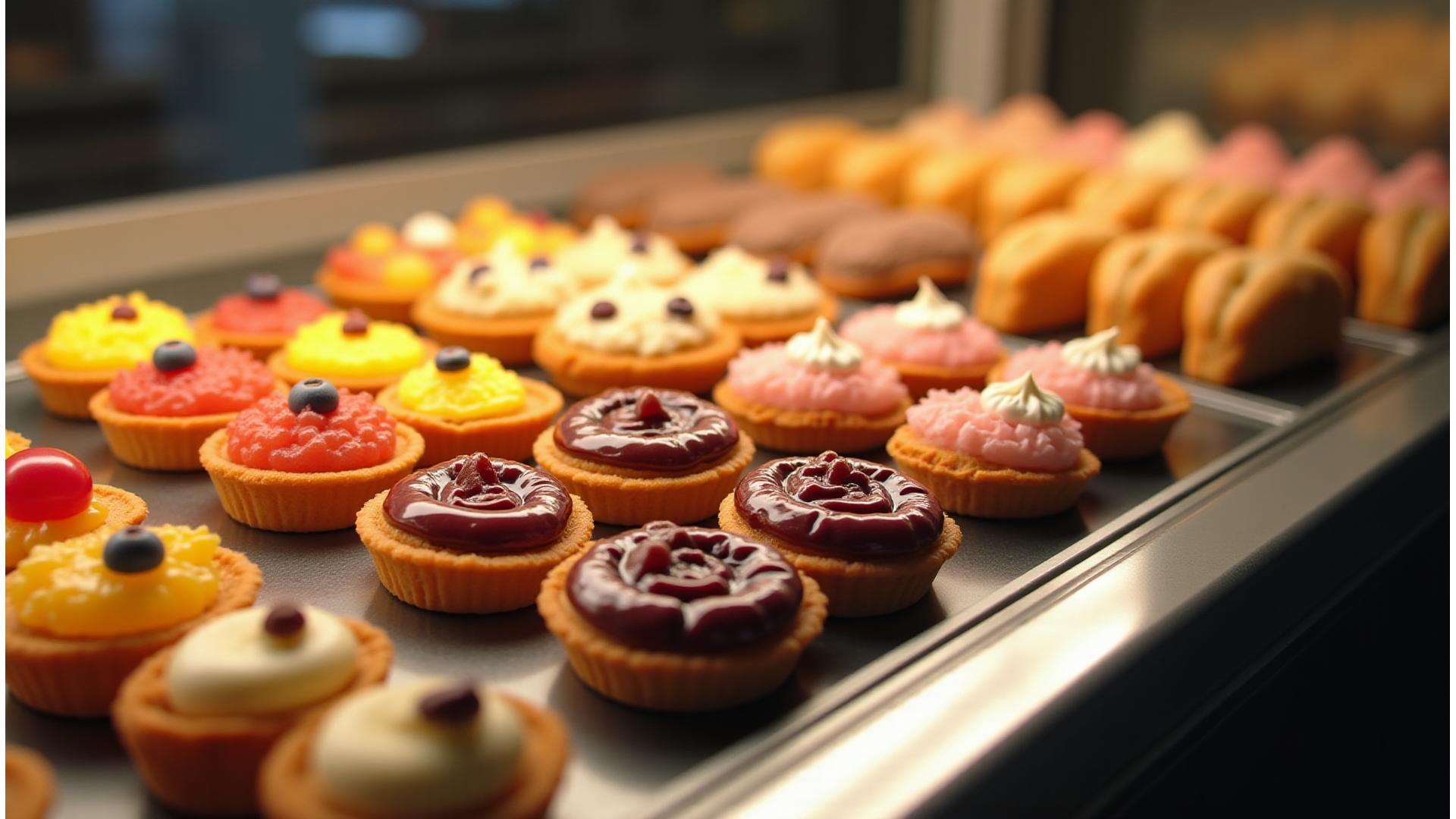 Stunning display case filled with a vibrant assortment of Floursih & Crumb's elegant French pastries like tarts, eclairs, and macarons