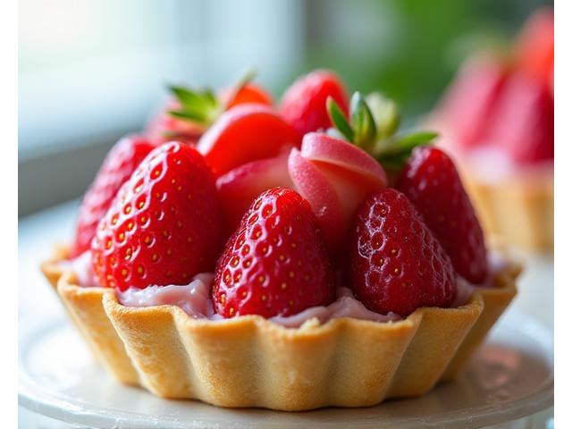 Delicate fruit tart with fresh British strawberries and rhubarb, perfect for spring