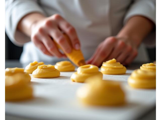 Chef piping choux pastry for eclairs or profiteroles