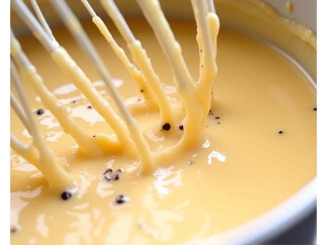 Smooth, vanilla-bean flecked pastry cream being prepared