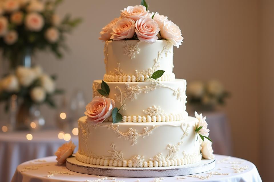 A stunning multi-tiered wedding cake designed to be both gluten-free and vegan, adorned with fresh flowers and delicate icing.