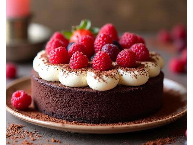 A beautifully decorated gluten-free chocolate fudge cake topped with berries.