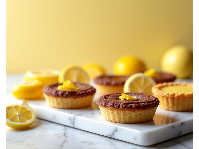 Delicate gluten-free lemon tarts and chocolate éclairs arranged artistically.