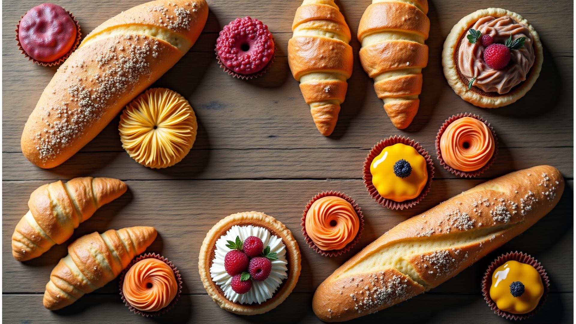 A vibrant arrangement of delicious-looking gluten-free bread, vegan pastries, and sugar-free treats on a rustic wooden table, bathed in soft, warm light.