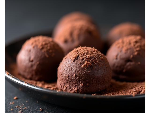 Rich keto chocolate truffles decorated with cocoa powder.