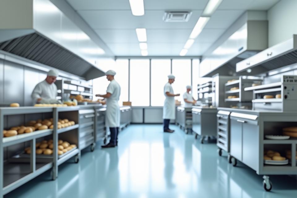 A clean, modern professional kitchen with designated areas clearly marked for allergen-free preparation, showing staff in hygienic attire.