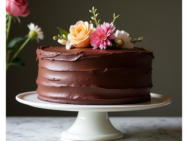 A decadent vegan chocolate cake with rich frosting and fresh flowers.