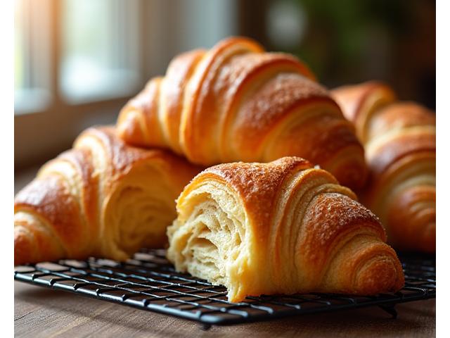 Flaky, golden vegan croissants stacked on a cooling rack.