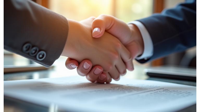 Illustration of hands shaking over a legal document, symbolizing agreement and trust in business terms
